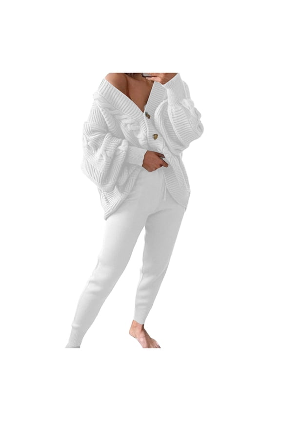 Women 2 piece Outfits Fall Cable Knit Sweater Sets Loose Casual Button Down V Neck Cardigans Long Pants Matching Lounge Solid Set
