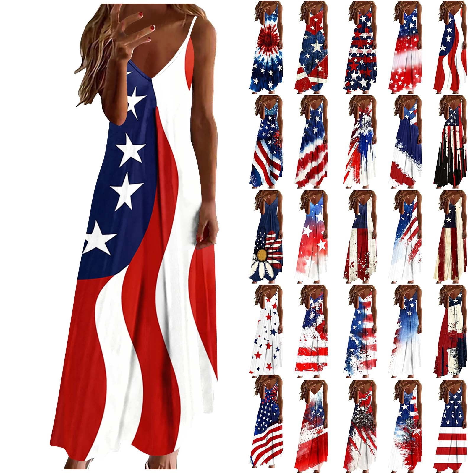 Frostluinai Women American Flag Dress V Neck Spaghetti Strap Maxi