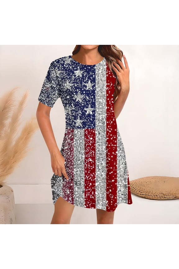 Women American Flag Dress Short Sleeve Independence Day Shirt Dress Crew Neck Casual Tunic Sunderss 4th of July Party Dress