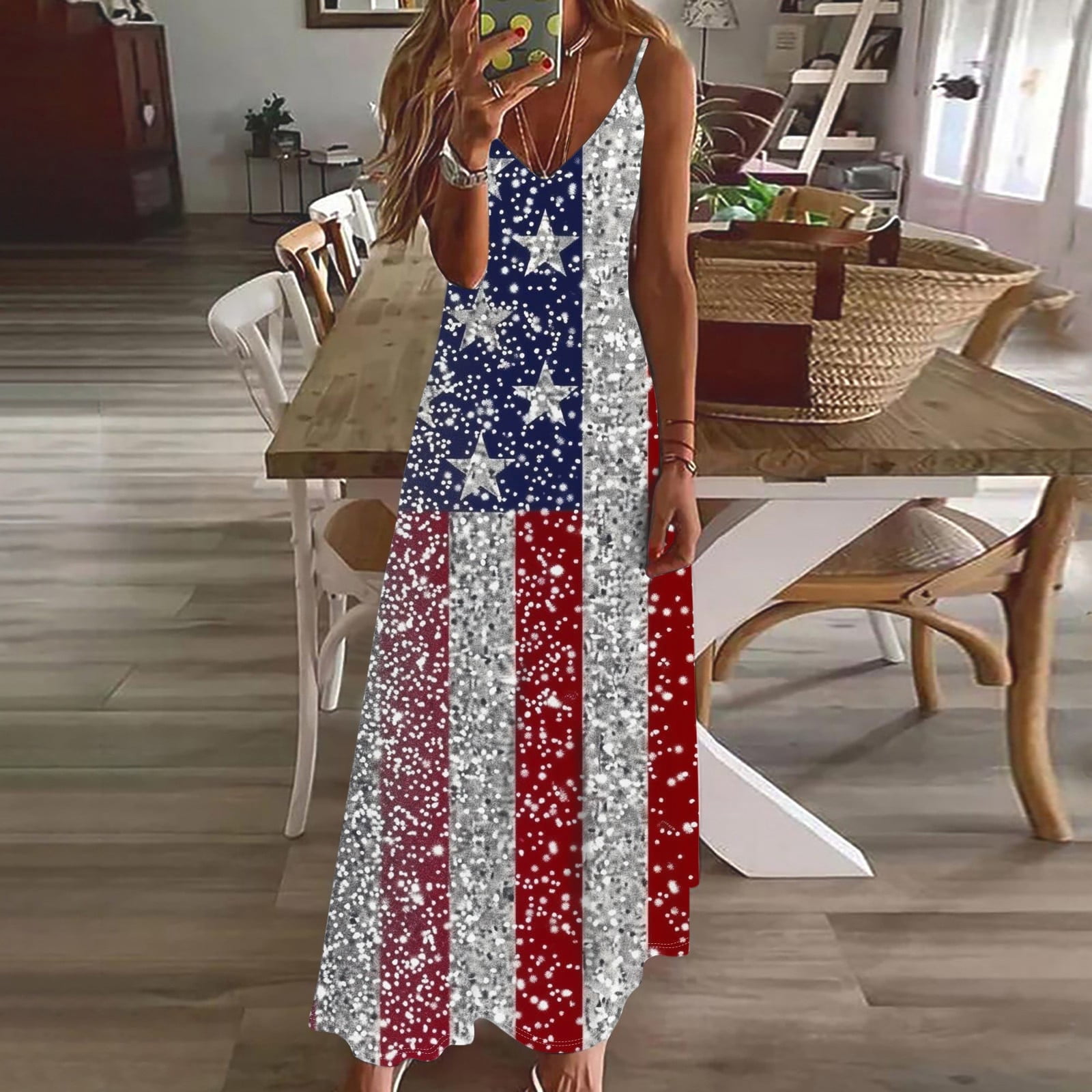 Frostluinai Women American Flag Dress V Neck Spaghetti Strap Maxi
