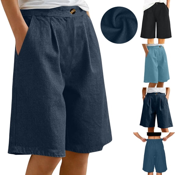 Frostluinai Women Baggy Denim Bermuda Shorts Y2k Vintage Straight Leg Denim Shorts Casual Knee Length Jean Jorts with Pockets Navy S