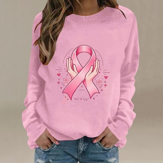 Frostluinai Women Breast Cancer Awareness Sweatshirts Pattern Graphic Pullover Round Neck Long Sleeve Fall Clothes Pullover S-XXL