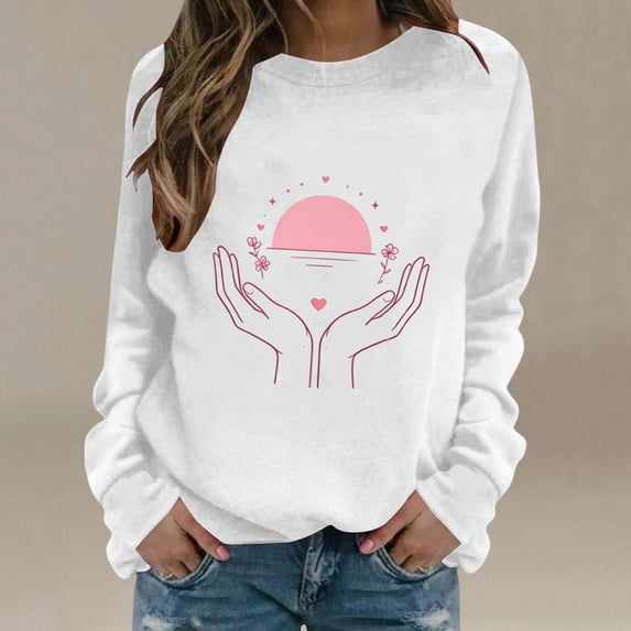 Frostluinai Women Breast Cancer Awareness Sweatshirts Pattern Graphic Pullover Round Neck Long Sleeve Fall Clothes Pullover S-XXL