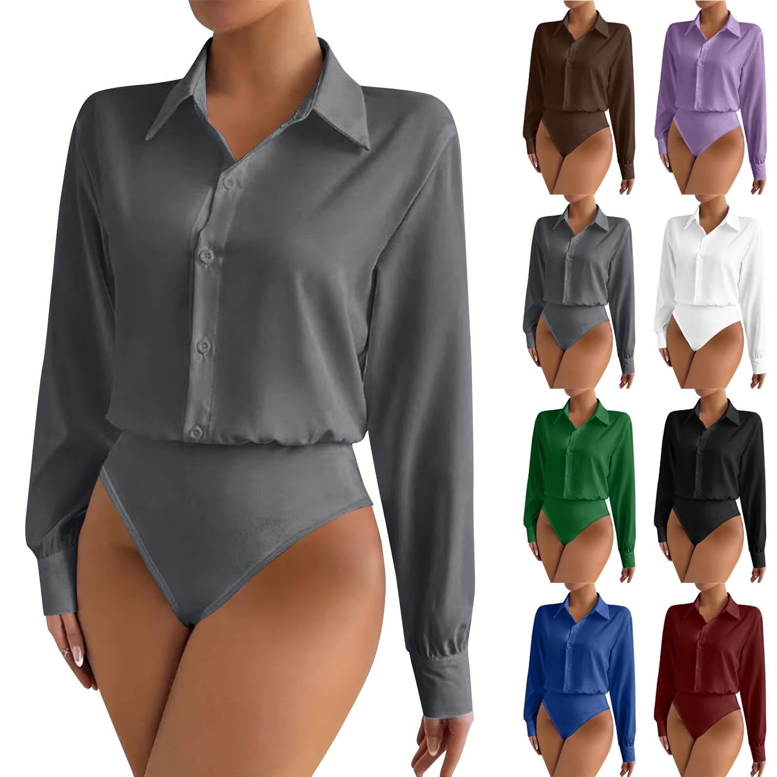 Women Button Down Bodysuit Long Sleeve Collared Shirt Solid Blouse Bodysuits Tops Business Dressy Casual Office Professional
