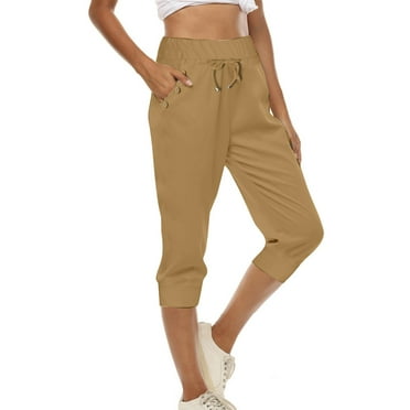 Frostluinai Women Capri Pants for Summer Drawstring High Wisted Casual Pants Plus Size Solid Color Workout Capris Loose Fit Buttons Trim with Pockets