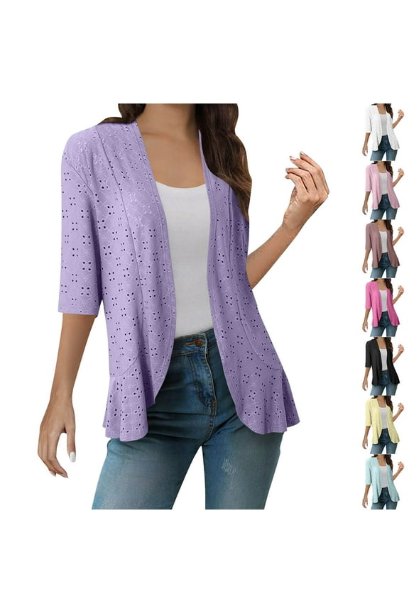 Women Cardigan Half Sleeve Open Front Lightweight Cardigan Draped Ruffles Hollow Out Eyelet Cardigan Solid Kimono Cover Up