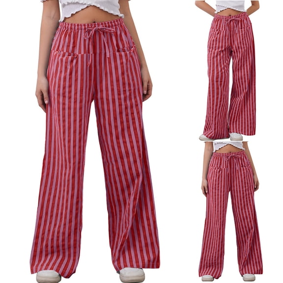 Frostluinai Women Casual Drawstring Elastic Waist Loose Wide Leg Striped Pants Baggy Color Block Loungewear Pants with Pockets