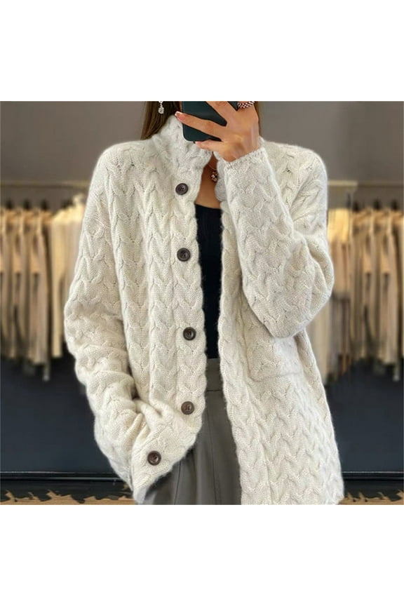 Women Chunky Cable Knit Cardigans Button Down Stand Collar Sweater Cardigans Long Sleeve Solid Color Fall Knit Cardigans with Pocket