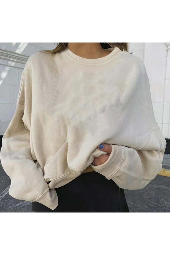 Women Cropped Sweatshirt Long Sleeve Pullover Crew Neck Fleece Crop Tops Solid Color Loose Fit Sweat Shirts Drop Shoulder Sweaters