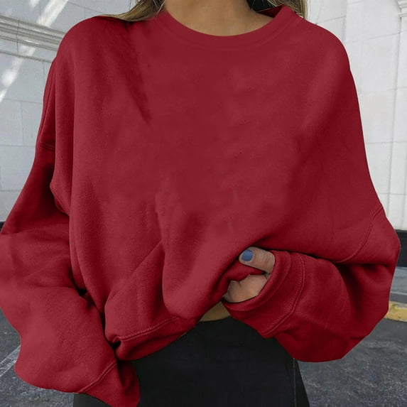 Frostluinai Women Cropped Sweatshirt Long Sleeve Pullover Crew Neck Fleece Crop Tops Solid Color Loose Fit Sweat Shirts Drop Shoulder Sweaters
