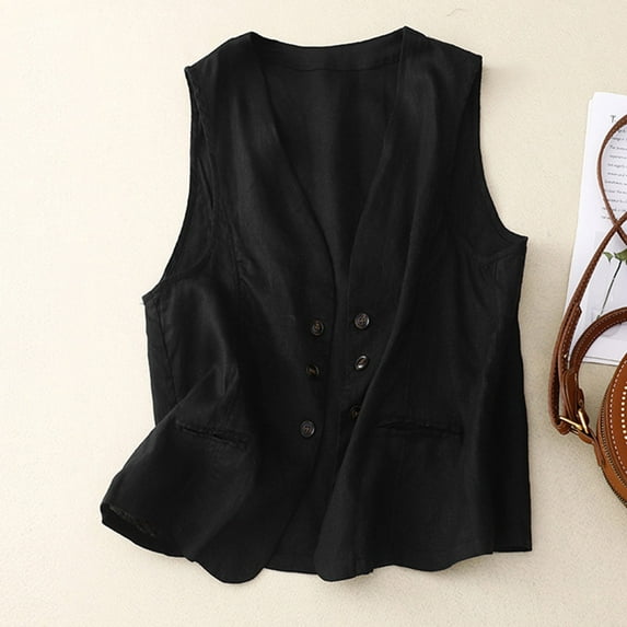 Frostluinai Women Double Breasted Waistcoat Sleeveless Cotton Linen Vest Coat V Neck Casual Blazer Vests Vintage Loose Tanks with Pocket