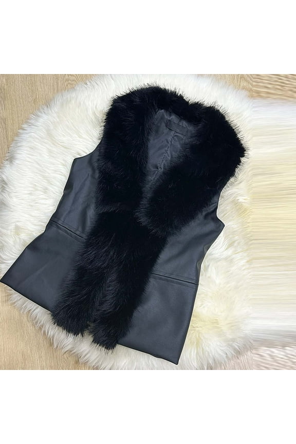 Women Faux Fur Vest Jacket Sleeveless Body Warm Winter Coat Open Front Fleece Waistcoat Fashion Fuzzy Trim Jacket Coats with Belt