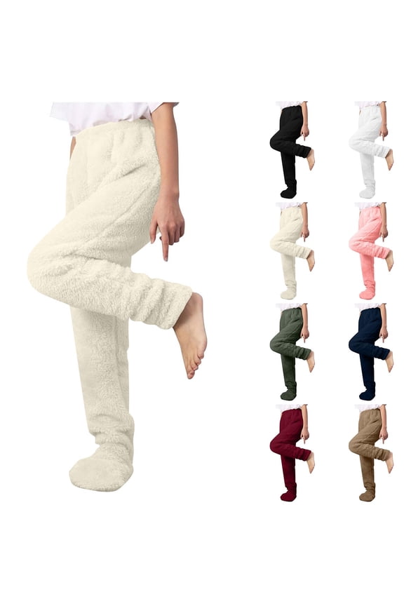 Women Fleece Pajama Pants Winter Fuzzy Warm Plush Slipper Stockings Sleep Bottoms Solid Elastic Waist Lounge Pj Pants