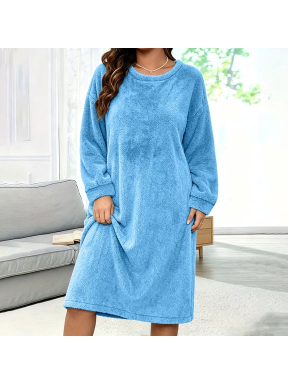 Women Fuzzy Fleece Nightgowns Plus Size Casual Long Sleeve Sherpa Knee Length House Dress Solid Winter Flannel Night Gown S-4XL