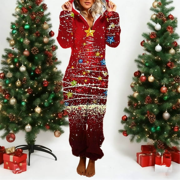 Frostluinai Women Fuzzy Onesie One Piece Pajamas Ugly Christmas Warm Plush Hooded Jumpsuits Fleece Lounge Rompers Fluffy Winter Sleepwear