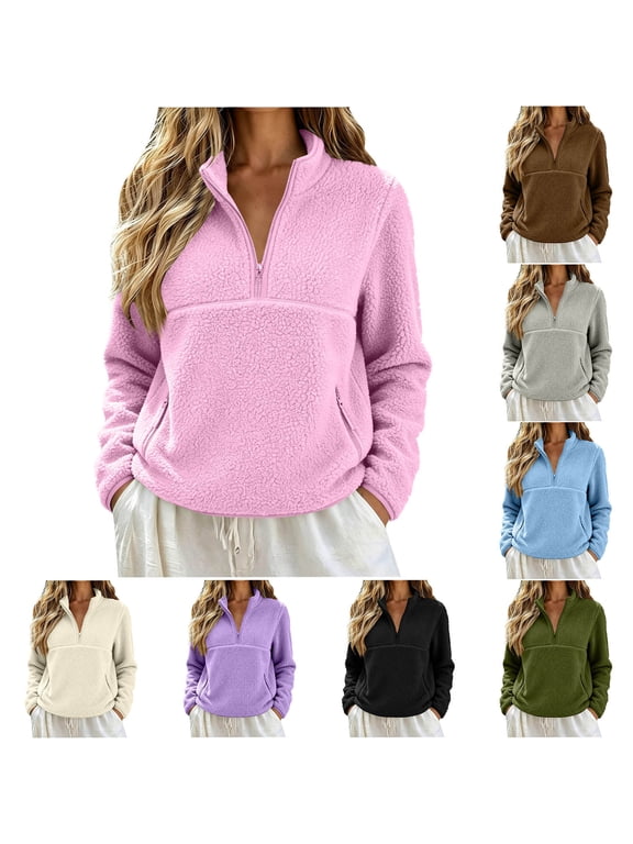 Women Half Zip Polar Fleece Sweatshirt Mock Neck Long Sleeve Winter Comfy Sherpa Pullover Zipper Pocket Sweater Tops S-XXL