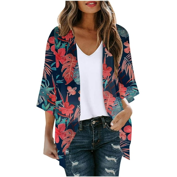 Frostluinai Women Kimono Cardigans Casual Summer Tops Cover up Open Front Floral Print Vacation Wear 3/4 Sleeve Lightweight Cardigans