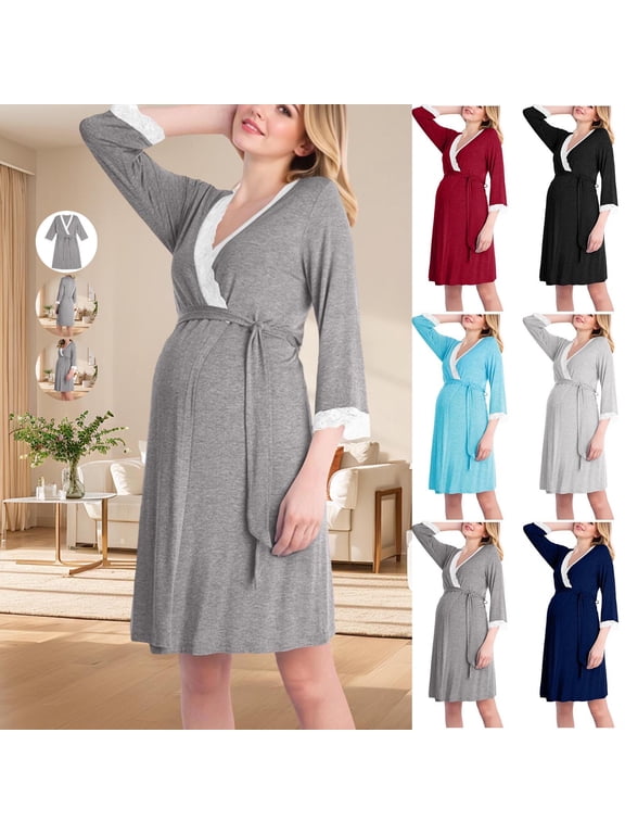 Women Maternity Nursing Robes 3/4 Sleeves Loungewear Dress Knee Length Sleepwear Lace Housecoat for Hospital Labor Delivery Pregnancy Bathrobe Dark Gray 2X-Large