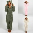 thumbnail image 1 of Frostluinai Women One Piece Fuzzy Warm Sherpa Hooded Pajamas Jumpsuit Zip Up Onesie Sleepwear with Ear Nightwear Plus Size Solid Fleece Jumpers, 1 of 7