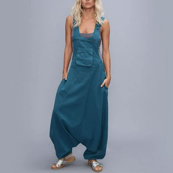 Frostluinai Women Overalls Jumpsuits Cotton Linen Sleeveless Baggy Bibs Harem Pants Loose Casual Dressy Romper Jumpers Plus Size Bibs with Pockets