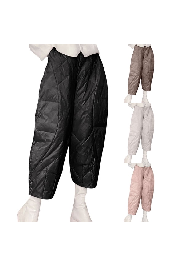 Women Padded Quilted Pants Fall Winter Cotton Warm Casual Wide Leg Pants Plus Size Elastic Waist Trousers with Pockets