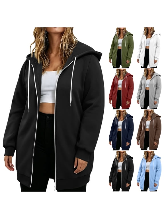 Women Plus Size Zip up Hoodies Long Sleeve Fleece Casual Tunic Sweatshirt Fall Oversized Hoodie Solid Winter Jacket Coat with Pocket L-4XL