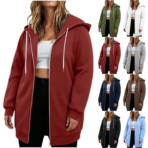 Frostluinai Women Plus Size Zip up Hoodies Long Sleeve Fleece Casual Tunic Sweatshirt Fall Oversized Hoodie Solid Winter Jacket Coat with Pocket L-4XL