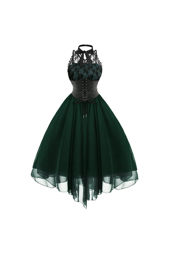 Women'S Sleeveless Gothic Dress With Corset Halter Lace Swing Cocktail Dress Formal Halloween Punk Hippie Dresses