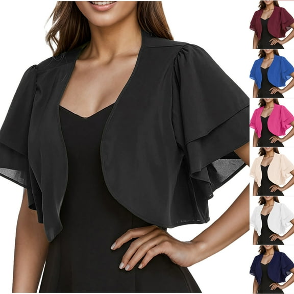 Frostluinai Women Shrug Chiffon Cardigans Open Front Ruffle Short Sleeve Bolero for Evening Dressy Solid Flowy Party Shrug Cover Up