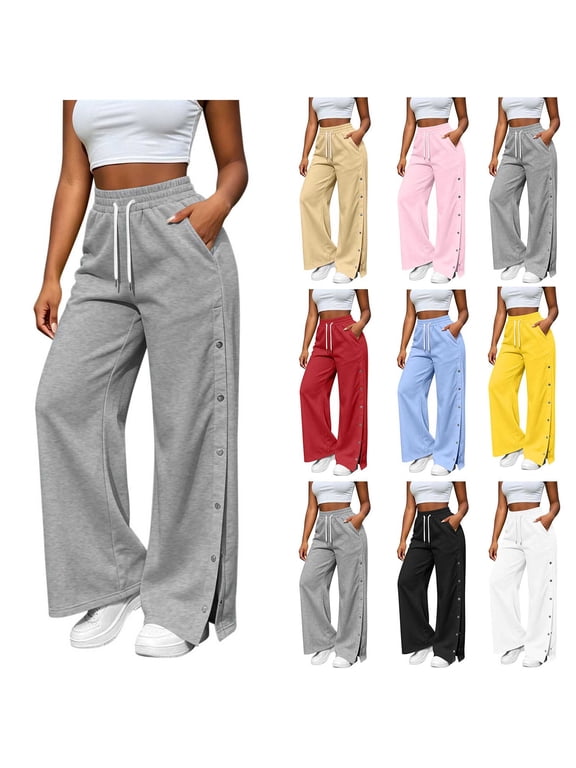 Women Solid High Waist Jogger Pants with Pockets Side Snap Button Split Hem Straight Wide Leg Casual Trousers Fashion Sweatpants for Daily Streetwear Weekend Outfits