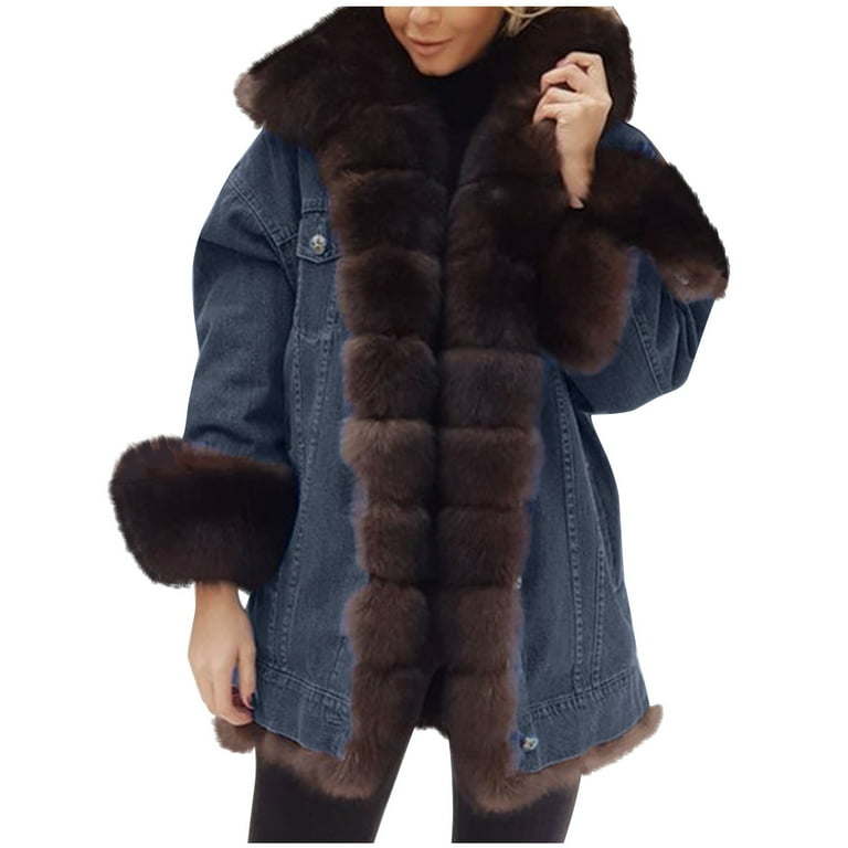 Hood Denim Jacket Fluffy Sleeves MOMKER Girls' Warm Denim Fur