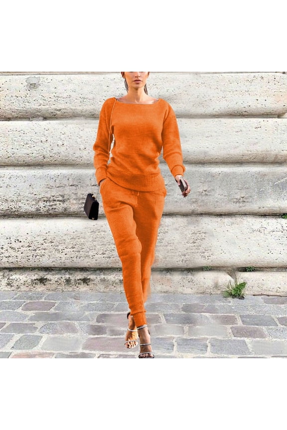 Women's 2 Piece Lounge Sets Solid Ribbed Knit Sets Long Sleeve Round Neck Pullover Leggings Comfortable Fall Knit Sweater Sets with Pocket