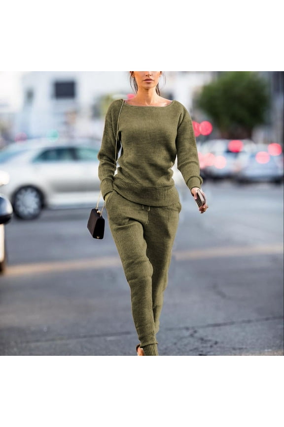 Women's 2 Piece Lounge Sets Solid Ribbed Knit Sets Long Sleeve Round Neck Pullover Leggings Comfortable Fall Knit Sweater Sets with Pocket