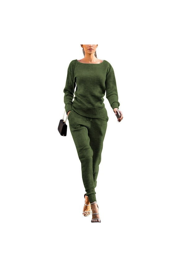 Women's 2 Piece Lounge Sets Solid Ribbed Knit Sets Long Sleeve Round Neck Pullover Leggings Comfortable Fall Knit Sweater Sets with Pocket