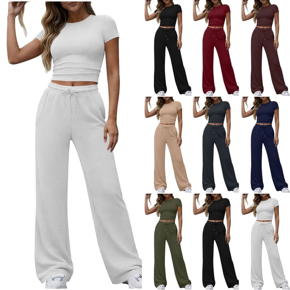 Frostluinai Women's 2 Piece Matching Lounge Set Short Sleeve Side Ruching Top Wide Leg Drawstring Pants Work Out Sets Gym with Pockets Army Green M