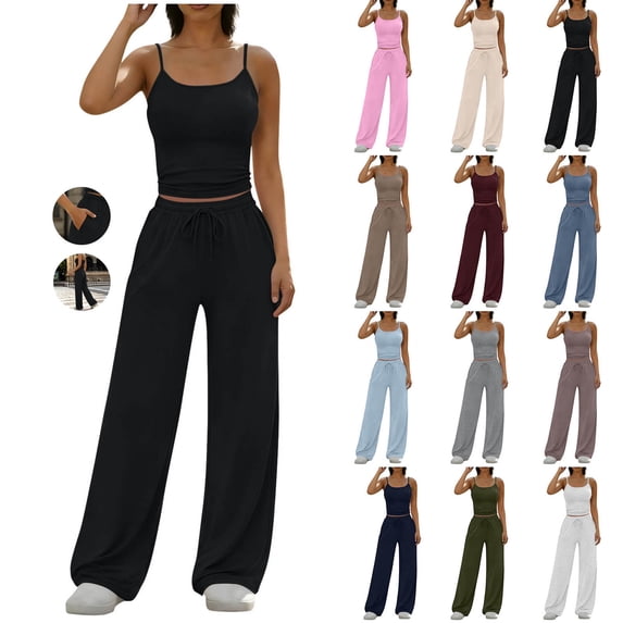 Frostluinai Women's 2 Piece Outfits Spring Summer Sleeveless Spaghetti Strap Camisoles Tops Wide Leg Pants Matching Lounge Sets Tracksuit Pocket Dark Gray M