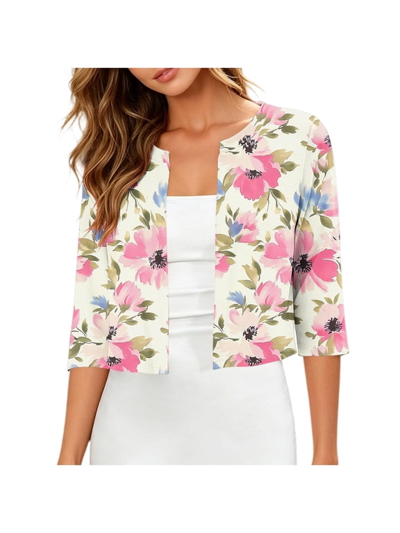 Women's 3/4 Sleeve Cropped Cardigan Sweaters Floral Print Open Front Bolero Lightweight Wedding Guest Short Shrugs S-2XL