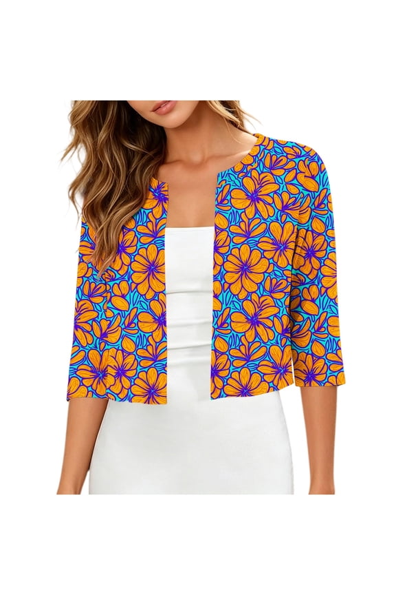 Women's 3/4 Sleeve Cropped Cardigan Sweaters Floral Print Open Front Bolero Lightweight Wedding Guest Short Shrugs S-2XL