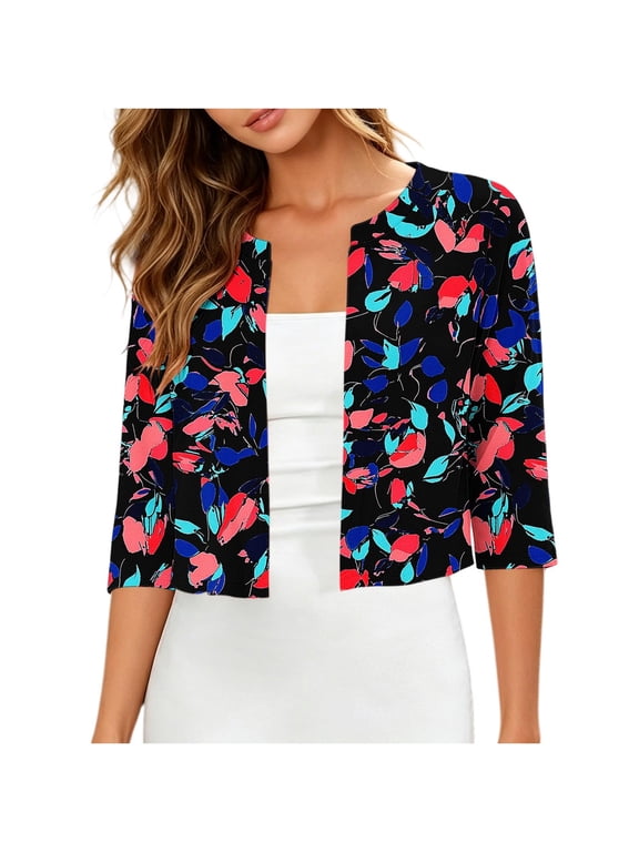 Women's 3/4 Sleeve Cropped Cardigan Sweaters Floral Print Open Front Bolero Lightweight Wedding Guest Short Shrugs S-2XL