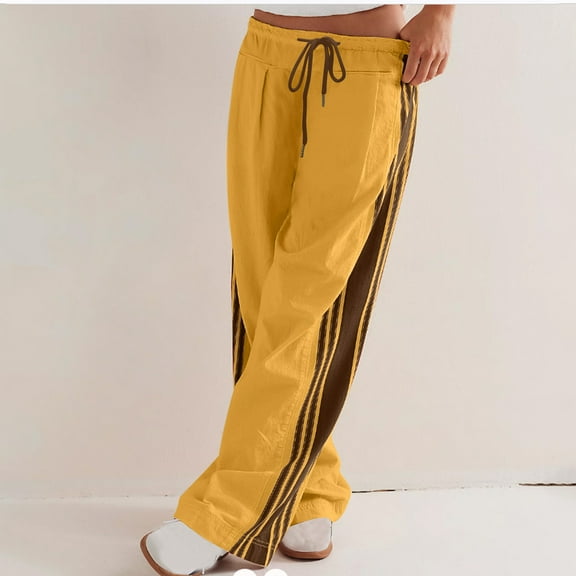 Frostluinai Women's Baggy Wide Leg Pants Elastic Waist Drawstring Workout Pants Fashion Color Block Striped Straight Leg Pants Gifts for Women