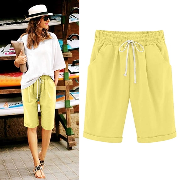 Frostluinai Women's Bermuda Shorts High Waist Drawstring Knee Length Shorts Casual Solid Linen Shorts Plus Size Walking Shorts with Pocket