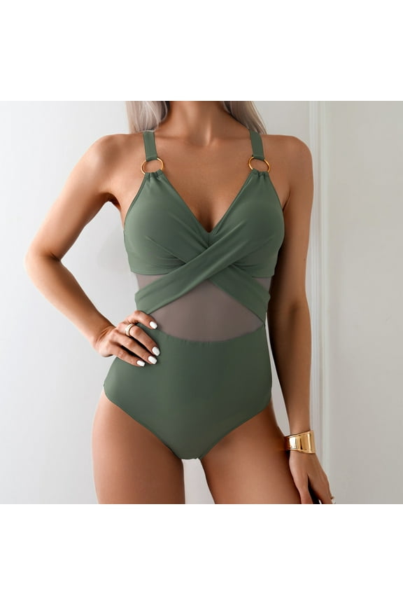 Women's Bikini Swimsuits O Ring Strap Mesh Bathing Suits Criss Cross High Waist Bikini Swimsuits Solid Color Slimming Swimwear