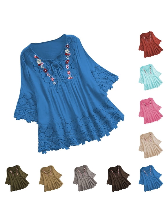 Women's Boho Embroidered Peasant Tops 3/4 Bell Sleeve Floral Shirts Lightweight Tie Front Cotton Linen Hollow Out Tshirts