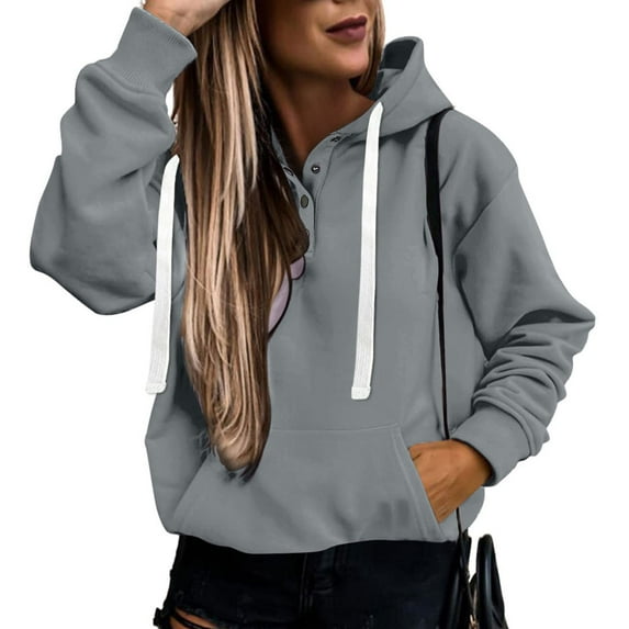 Frostluinai Women's Button Up Hoodies Drawstring Long Sleeve Casual Pullover Basic Solid Color Sweatshirts Oversized Hoodies with Pocket