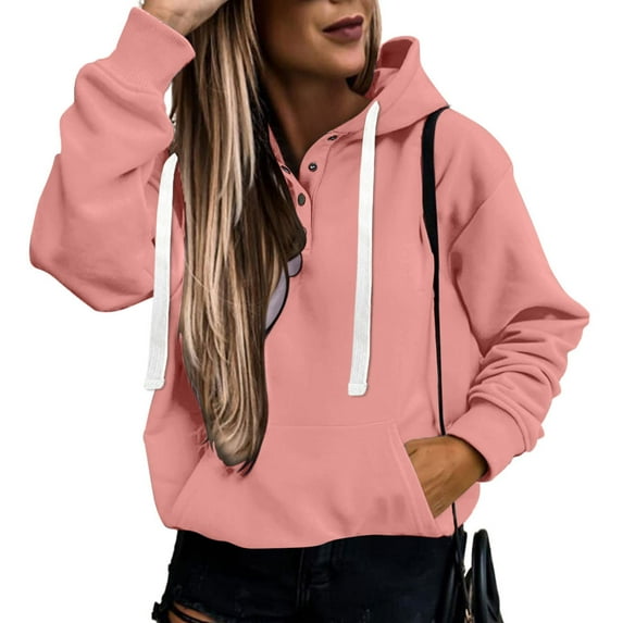 Frostluinai Women's Button Up Hoodies Drawstring Long Sleeve Casual Pullover Basic Solid Color Sweatshirts Oversized Hoodies with Pocket