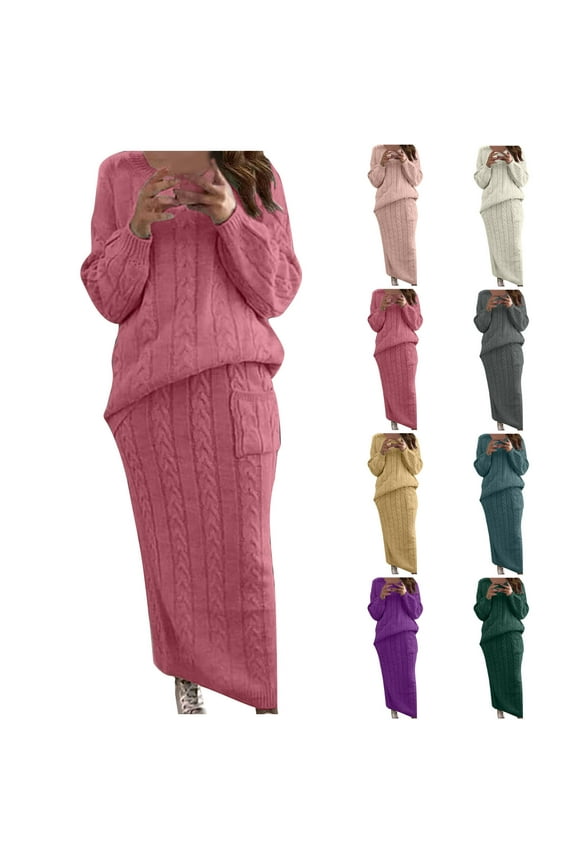 Women's Cable Knit Sweater Sets Chunky Sets 2 Piece Long Sleeve Sweaters Long Skirts Solid Fall Knit Sweater Sets with Pocket