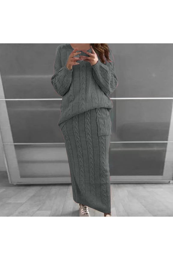 Women's Cable Knit Sweater Sets Chunky Sets 2 Piece Long Sleeve Sweaters Long Skirts Solid Fall Knit Sweater Sets with Pocket