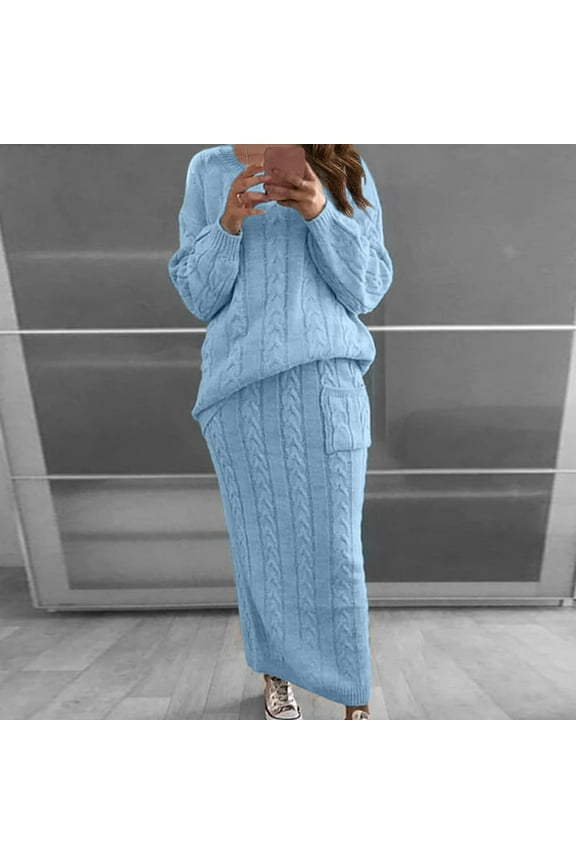 Women's Cable Knit Sweaters Sets 2 Piece Long Sleeve Crewneckk Sweaters Warp Maxi Knit Skirts Solid Lounge Sets Comzy Loungewear