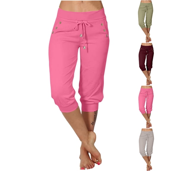 Frostluinai Women's Capri Pants Cropped Joggers with Pocket Drawstring Waist Button Sweatpants Solid Lounge Capris Activewear Running Pants