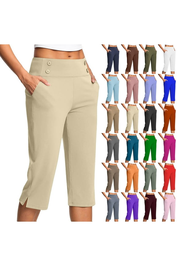 Women's Capri Yoga Pants Tummy Control High Waist Workout Sweatpants Solid Causal Lounge Dress Capris with Pockets
